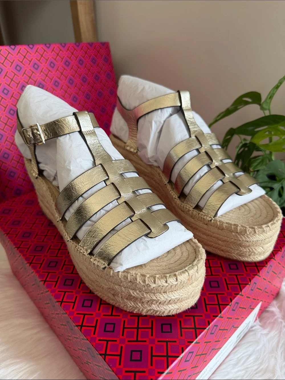 Tory Burch Metallic Gold Leather Espadrille Wedge Sandals